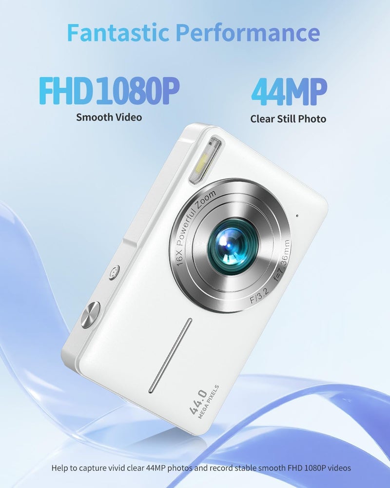Lecran كاميرا رقمية، كاميرا أطفال FHD 1080P كاميرا نقطة وتصوير مع زوم 16X مضاد للاهتزاز، كاميرا صغيرة مدمجة للمبتدئين الأطفال الطلاب الفتيات الأولاد (أبيض لؤلؤي) - Image 2